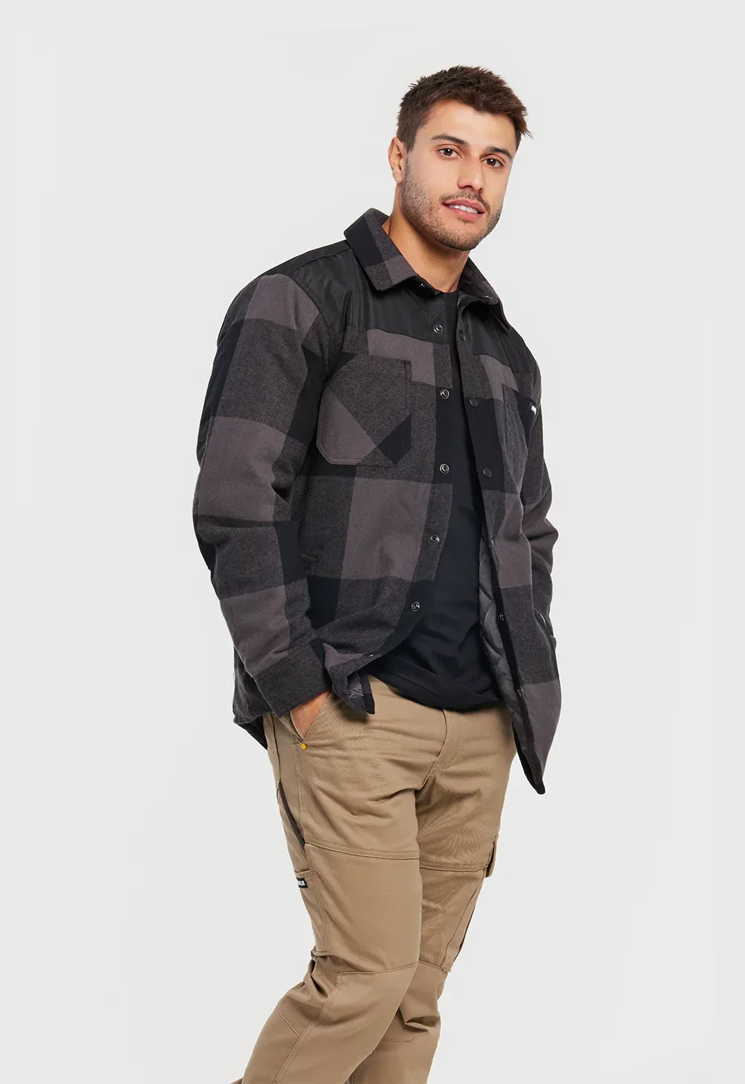 Block Check Insulated Shirt Jacket - Pitch Black Grey