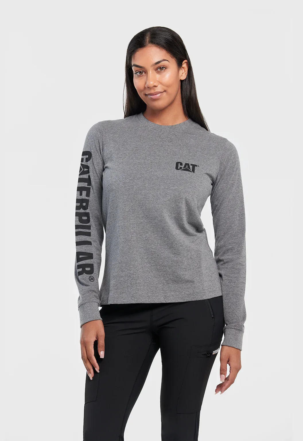 Womens Long Sleeve Trademark Banner Tee - Dark Heather Grey